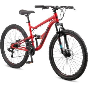 image:imageMongoose Status Mountain Bike 275 Inch Bike for Men and Women 21 Speed Aluminum Suspension Frame Steel Rear Triangle Dual Suspension Knobby Mountain Tires Mechanical Disc Brakes Adult BicycleRed